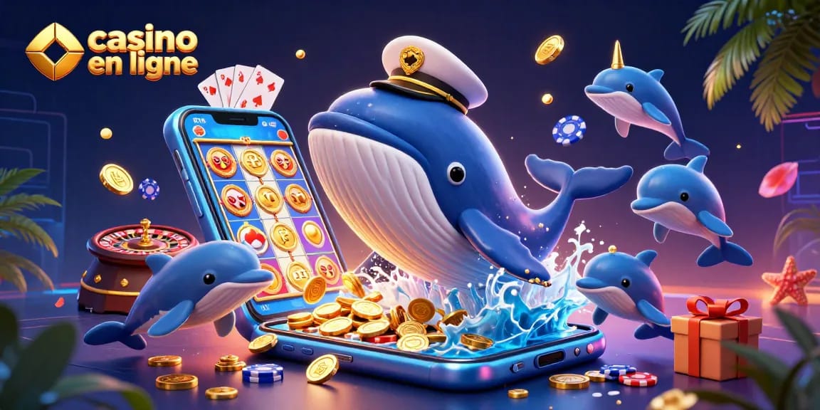 Illustration dynamique de casino en ligne avec une baleine et des dauphins, jeux et pièces d'or.