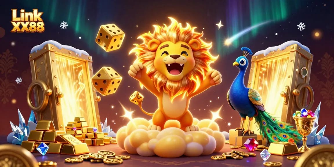 Experience big wins at Link XX88 with a roaring lion on golden clouds surrounded by treasure and gaming elements.