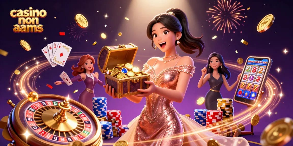 Illustrazione coinvolgente di casinò non AAMS che presenta una donna gioiosa che mostra tesori tra elementi dinamici del casinò.