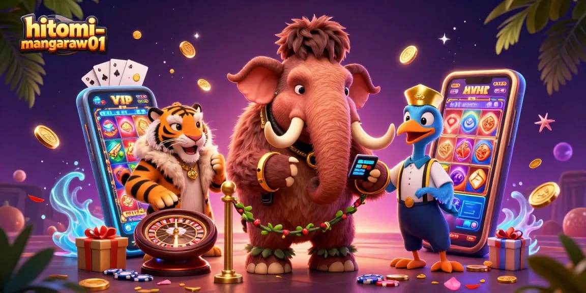 Engage with hitomi-mangaraw01 as a vibrant casino scene erupts with golden coins and playful characters.