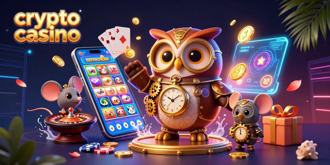 Cosmopolite crypto casino : un hibou steampunk et une souris de poche découvrent un monde d'argent virtuel.
