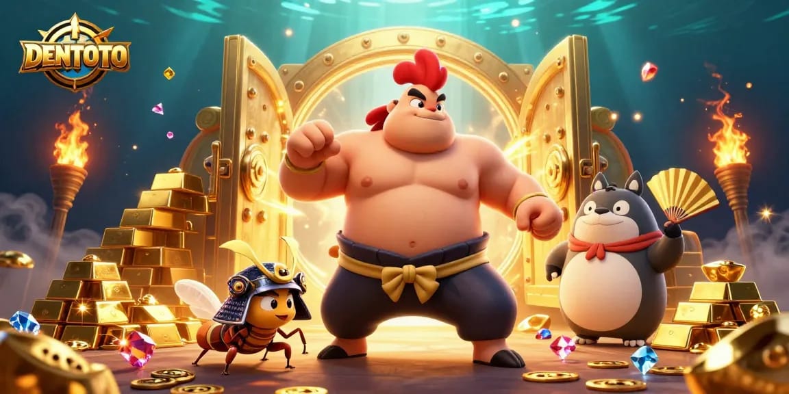 DENTOTO engages players with a dynamic casino scene featuring vibrant characters and gold treasures.