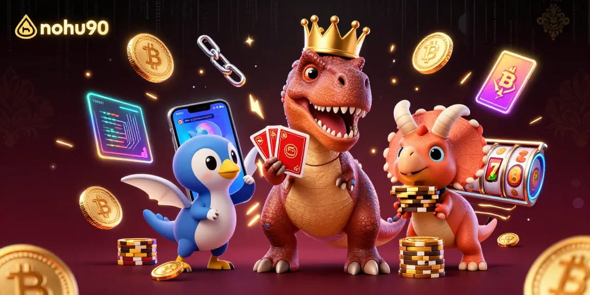 Nohu90's vibrant casino scene with a T-Rex, pterodactyl assisting in card games, and a baby triceratops stacking chips.