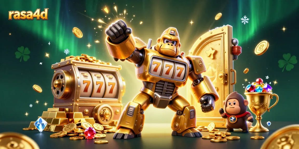 Experience the excitement of rasa4d with a dynamic 3D casino scene featuring a golden gorilla mech.