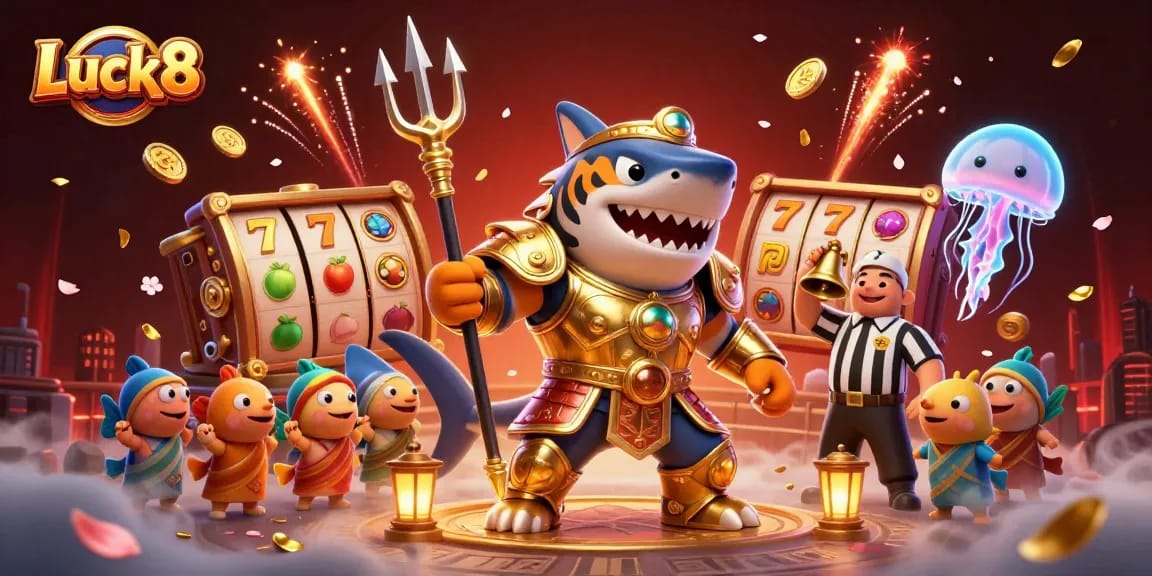 Luck8 celebrates wins with a dynamic underwater casino scene showcasing a powerful shark and festive game elements.