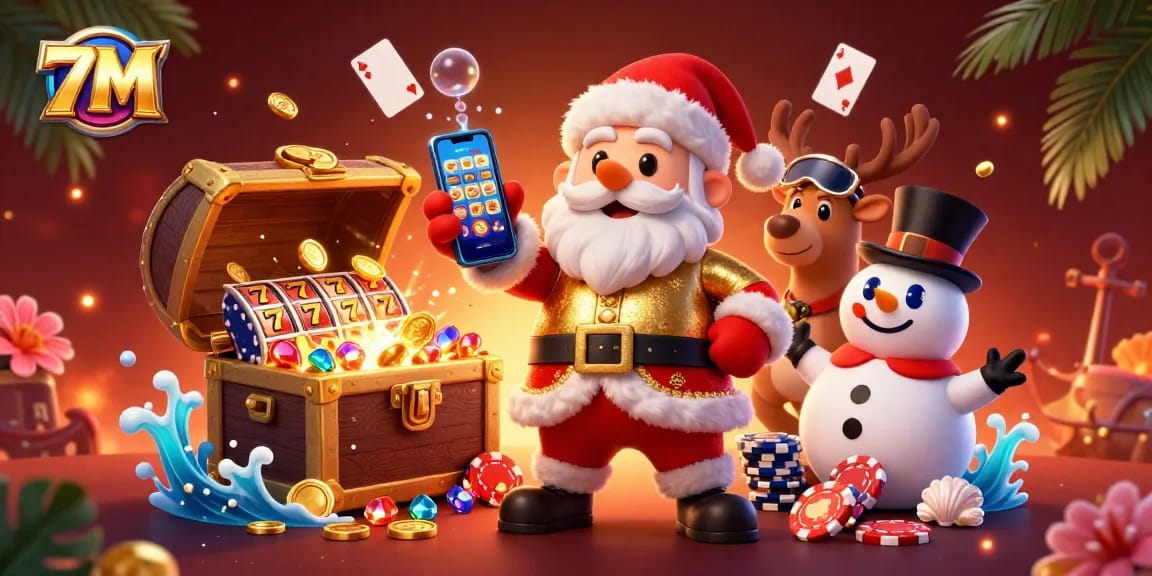 Experience exciting casino thrills with 7M's jackpot adventures in a vibrant 3D illustration.