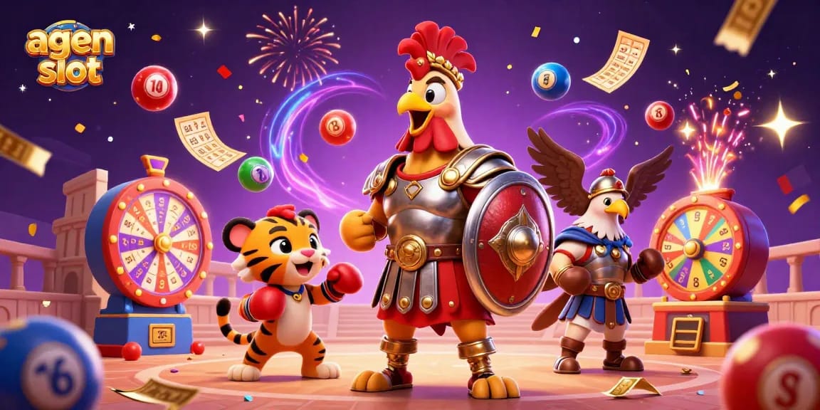 Experience the excitement of agen slot with a vibrant 3D cartoon scene featuring a gladiator rooster and tiger cub.