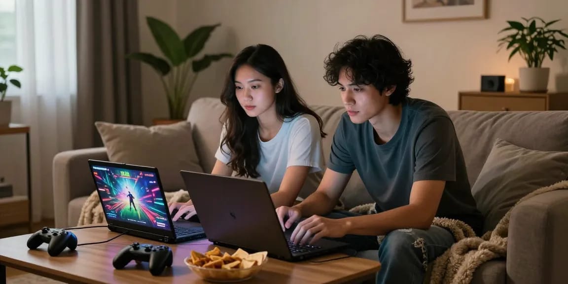 Couple playing nsfw ai games on laptops in cozy home setting