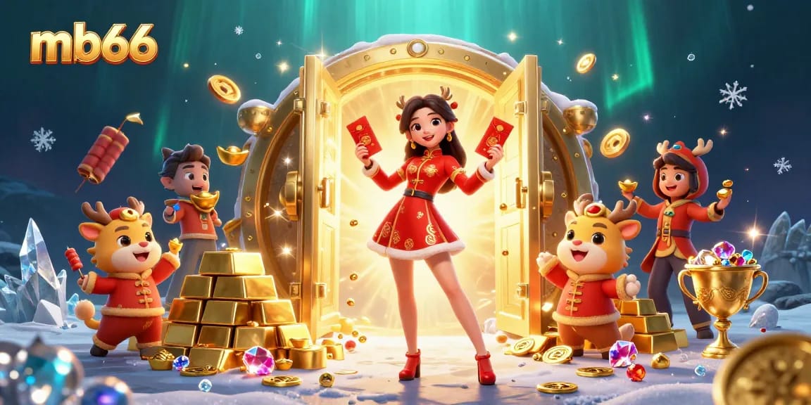 Engage with mb66's thrilling 3D casino scene featuring vibrant gold treasure and festive Asian elements.