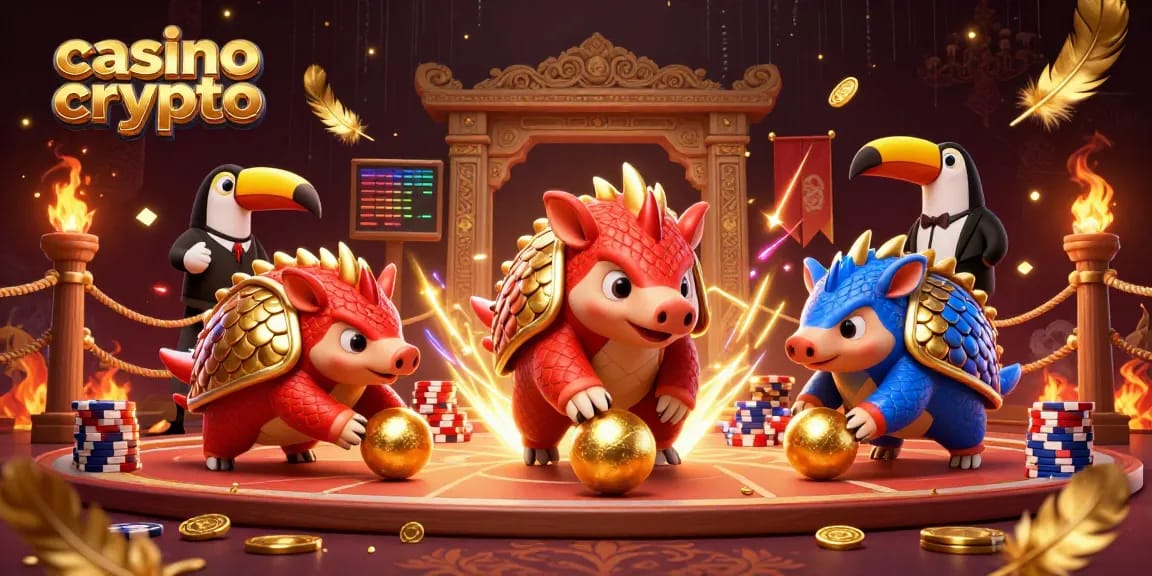 Due pangolini competitivi nel casino crypto giocano con palline dorate e chips sullo sfondo di un'arena