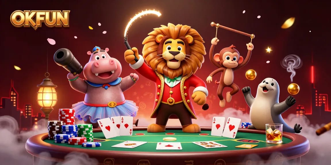 Engaging in thrilling games at OKFUN while surrounded by colorful characters and casino elements.