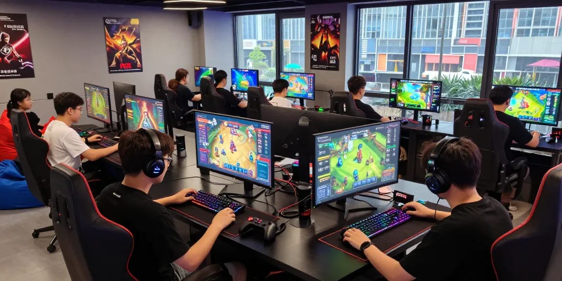 Group of gamers enjoying online card games on 68gamebai platform in a vibrant gaming hub