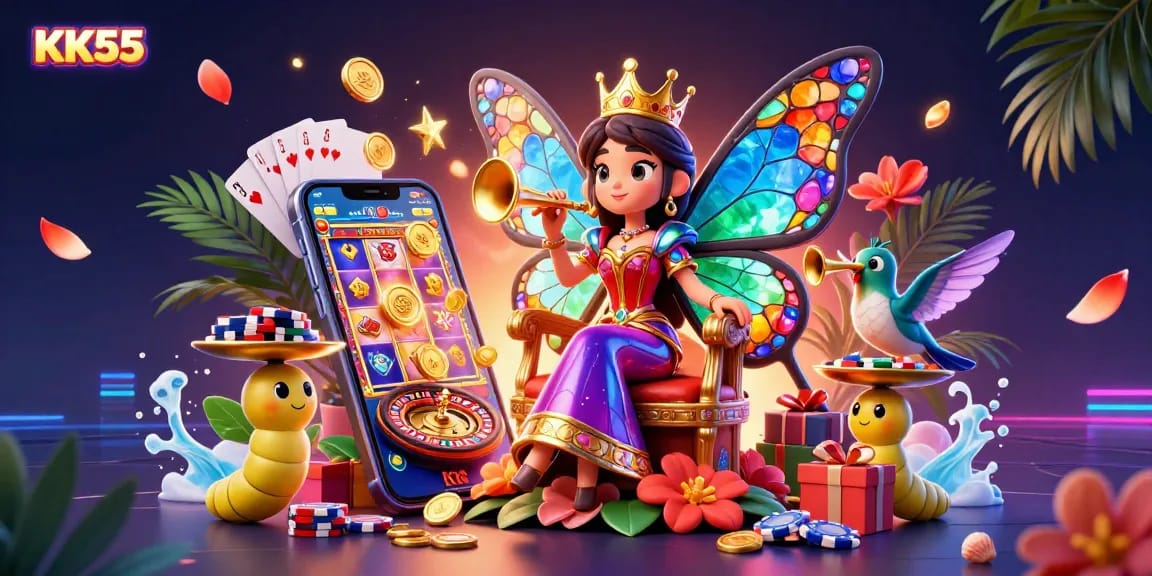 Experience exciting gaming at KK55 with vibrant 3D characters and casino elements on display.