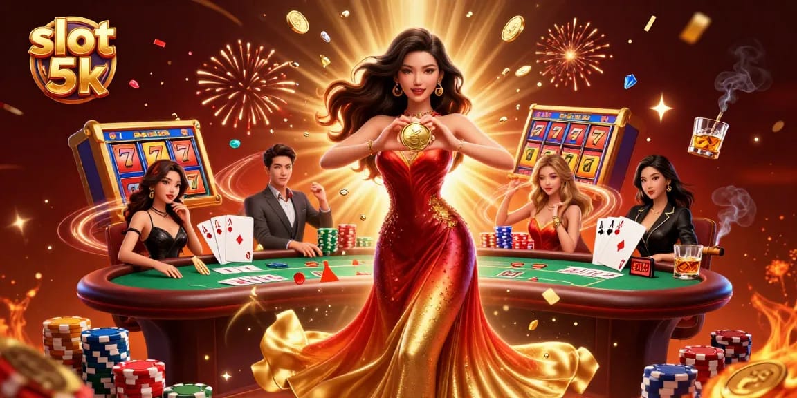 Spin to win with slot 5k as coins rain down in a vibrant casino scene.