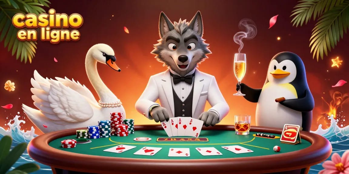 Jouer à casino en ligne avec des personnages de jeux de casino, un loup élégant, un cygne et un manchot.