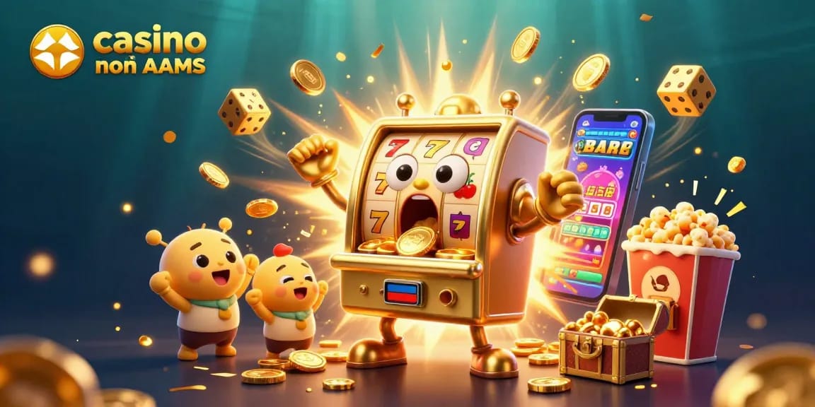 Slot machine dorata che festeggia un jackpot nei casino online non AAMS, popcorn d'oro e simboli volanti.
