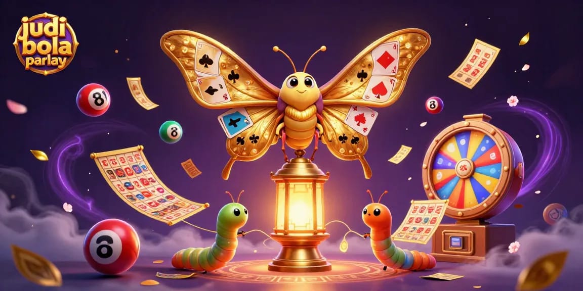 Engage in judi bola parlay with a dynamic scene featuring colorful elements and a stunning golden atlas moth.