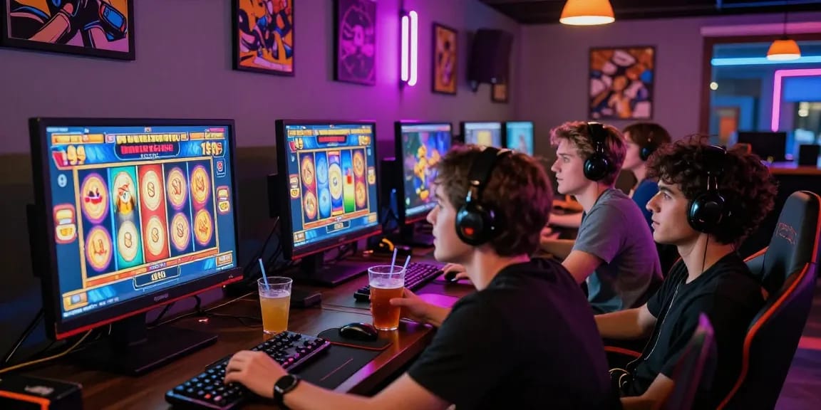 Pengguna menikmati permainan slot gacor dengan atmosfer penuh semangat dan lampu neon.