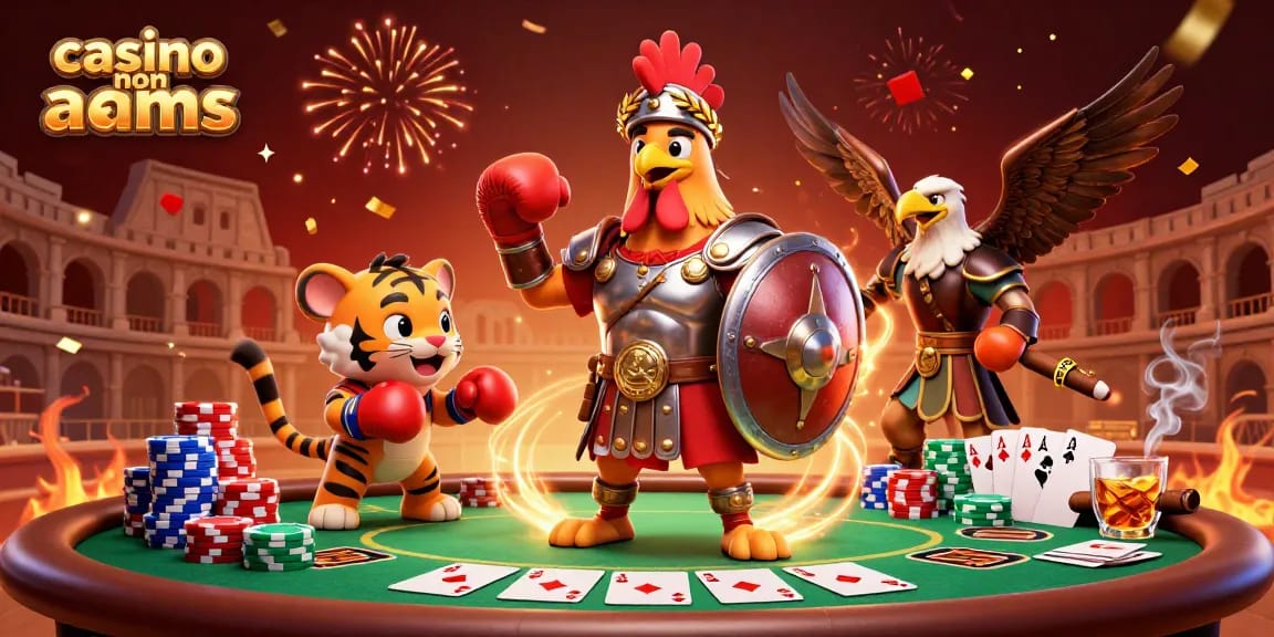 Impegnati con casino non aams con un gallo gladiatore cartoon 3D tra elementi di poker.