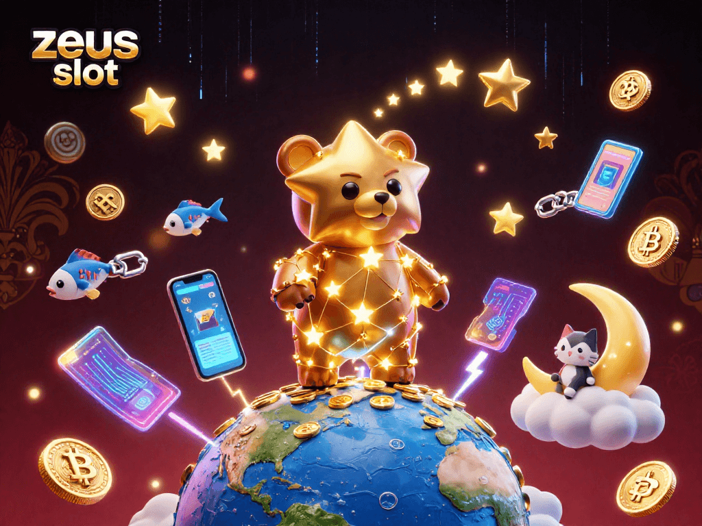 Experience thrilling wins with zeus slot as the constellation bear scoops up coins surrounded by vibrant digital elements.
