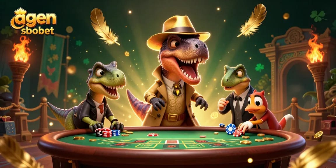 Agen sbobet memimpin permainan, siale velociraptor mencuri perhatian di meja blackjack dengan suasana kasino yang sibuk.