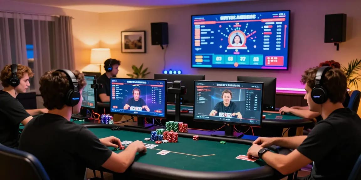 Agen Poker Online players engaged in an exciting tournament, showcasing dynamic gameplay in a lively digital setting.