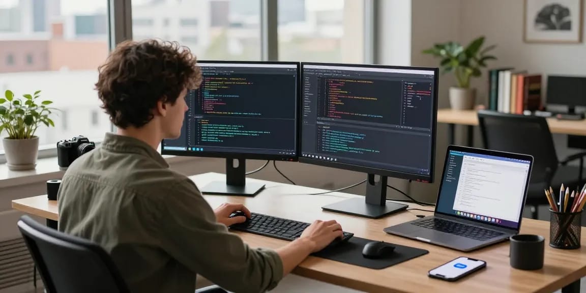 Innovative workspace showcasing 纸飞机中文版 developer coding with dual monitors in a vibrant office setting.