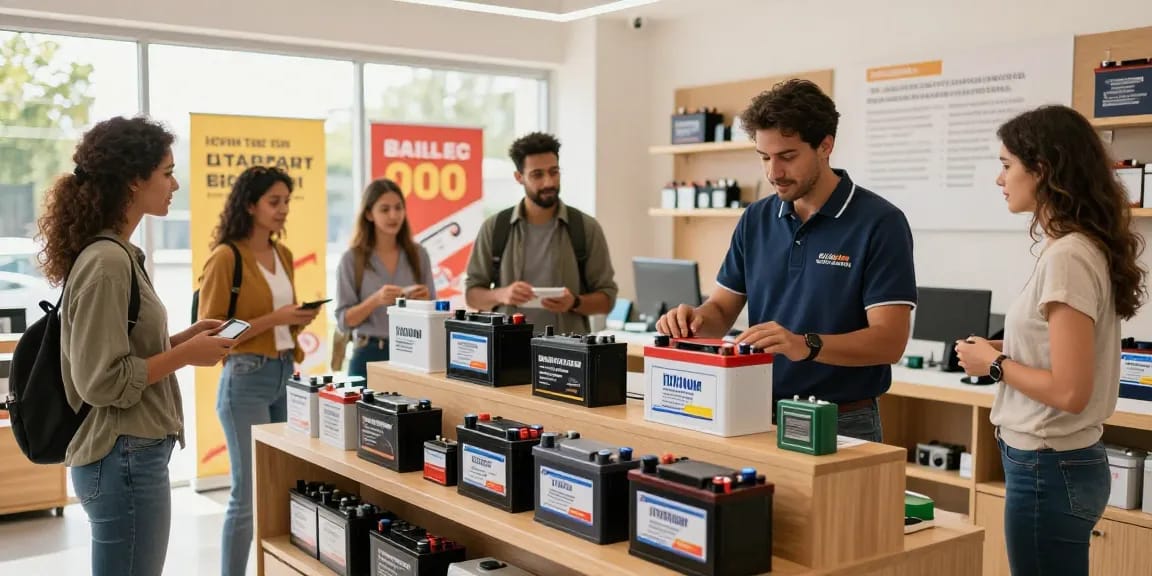 Customers exploring 12V Lithium Battery options in a bright retail store environment.