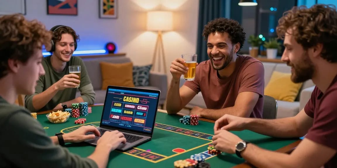 Friends enjoying a fun gaming night and searching for lista casino non aams online in a cozy living room.