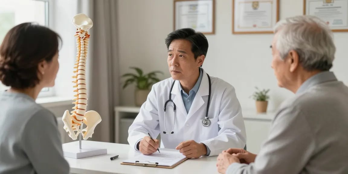 Dar kanal ameliyatı consultation scene showing an elderly patient and a surgeon discussing spinal health.