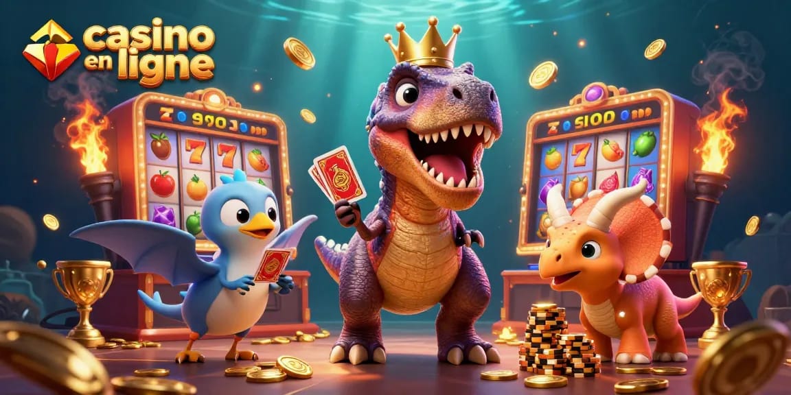 Pariez dans un casino en ligne avec un T-Rex amusant en train de jouer aux machines à sous.