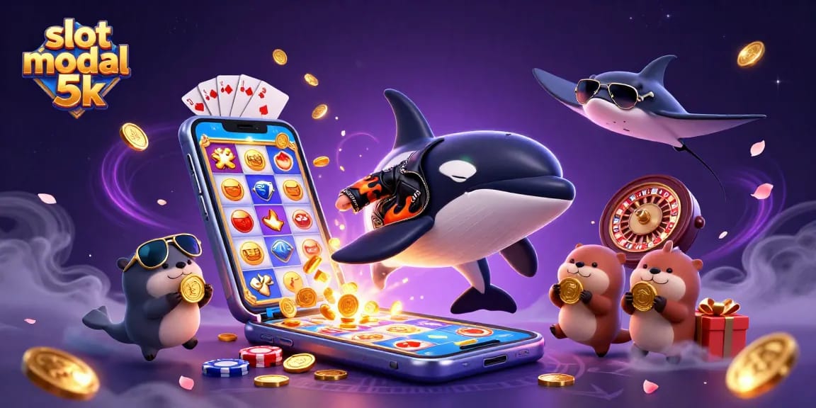 Play online with slot modal 5k, featuring casino characters, golden coins, and vibrant game elements.