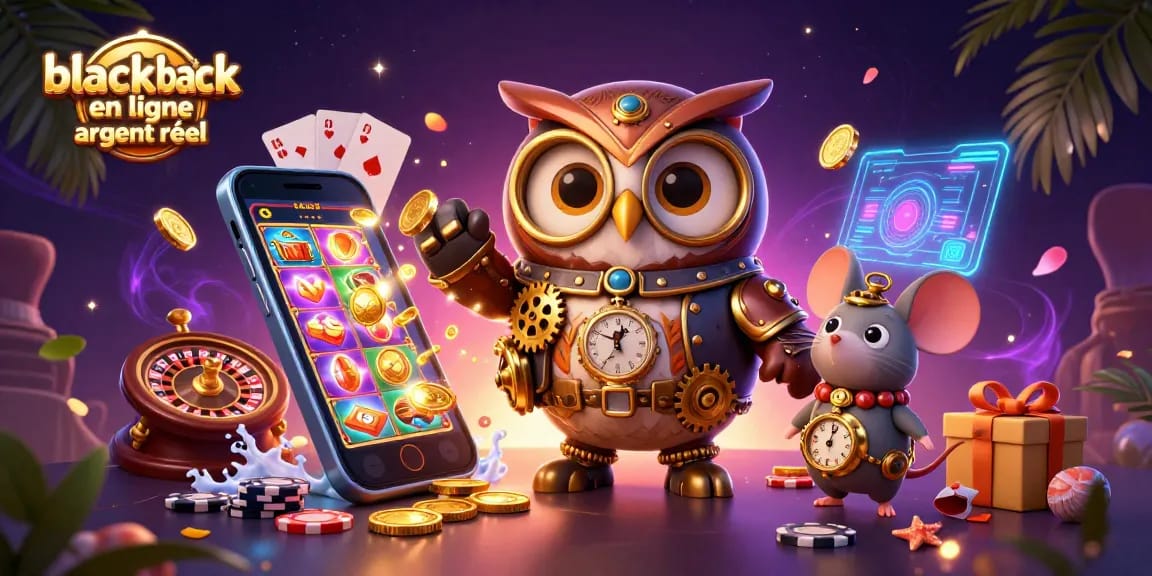 Profitez de l'expérience immersive du blackjack en ligne argent réel avec un hibou voyageur et des éléments de casino futuristes.