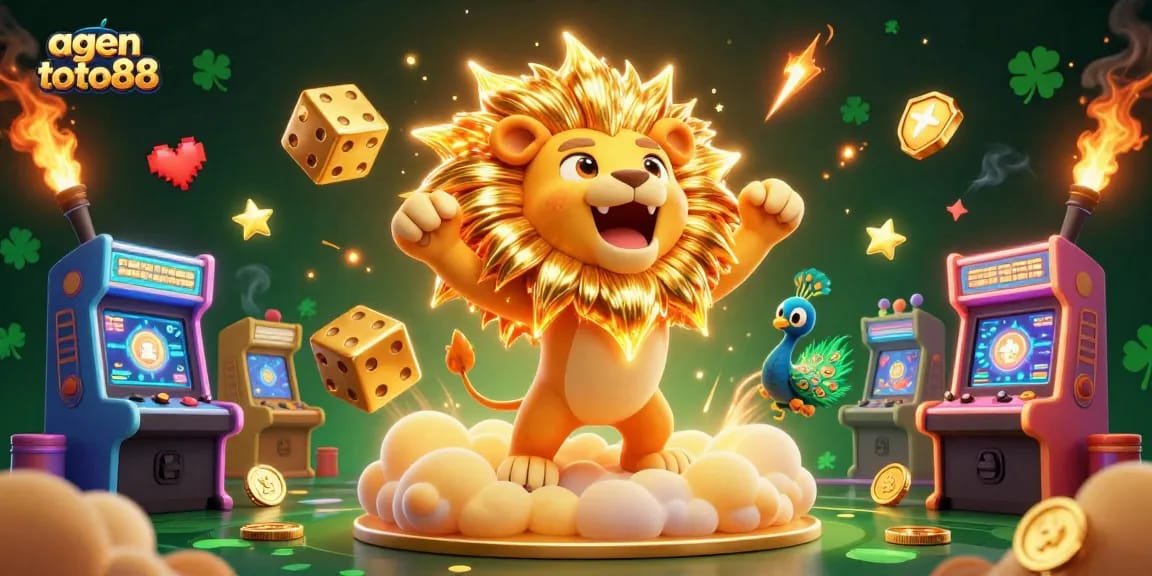 Experience thrilling games at agen toto88 with vibrant 3D golden lion and dynamic casino elements.