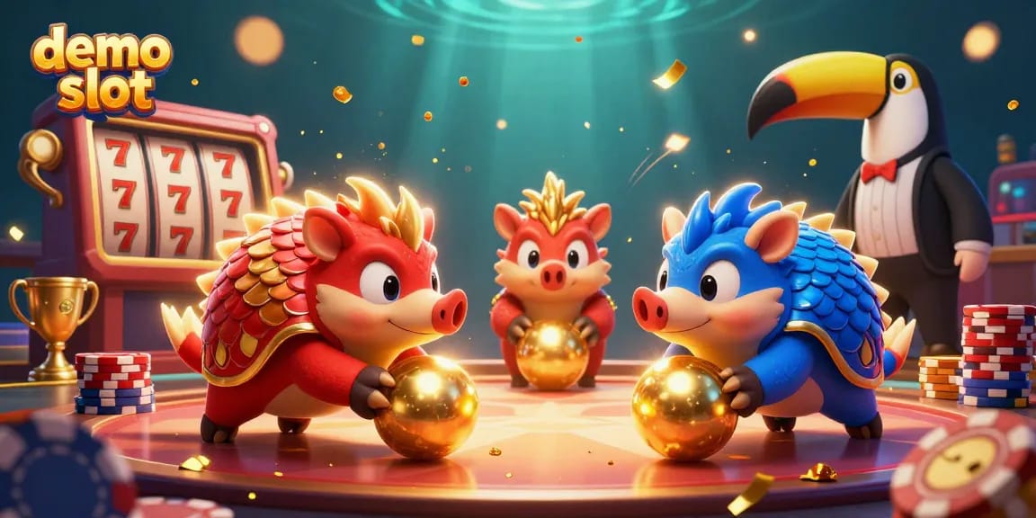 Experience demo slot gameplay with rival pangolins amidst dynamic casino elements.