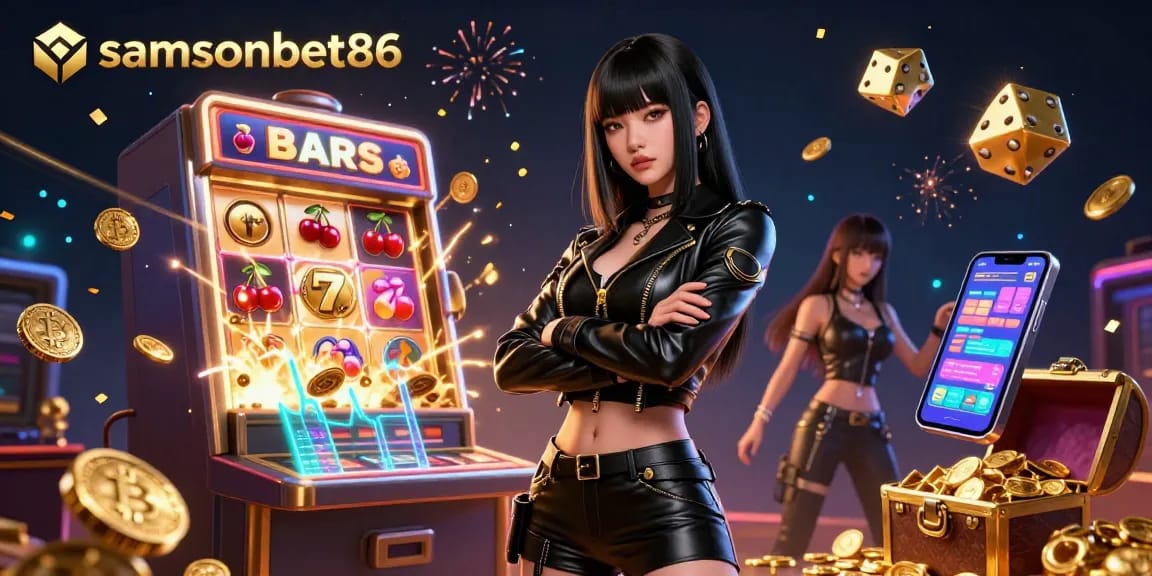 Experience the thrill with samsonbet86 as a stunning Asian woman flaunts her jackpot winnings amidst vibrant casino elements.