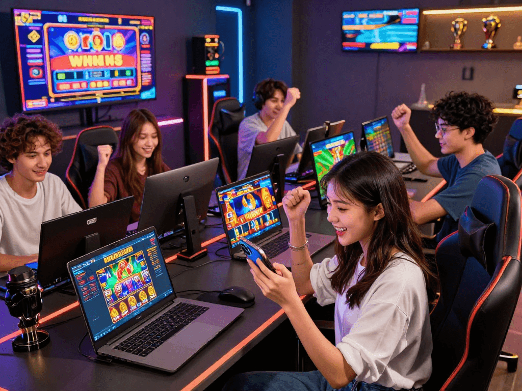 Exciting gaming scene highlighting players engaged in link alternatif raja328 on laptops and smartphones, celebrating wins in a vibrant environment.