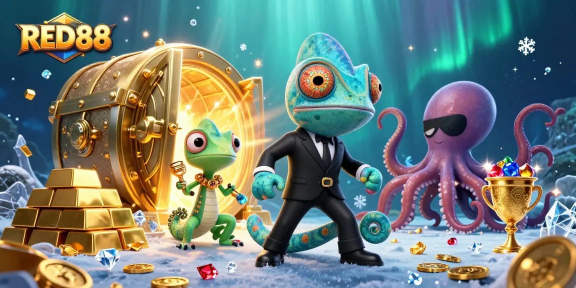 Engage with RED88 through thrilling casino scenes featuring chameleons, gadgets, and treasures.