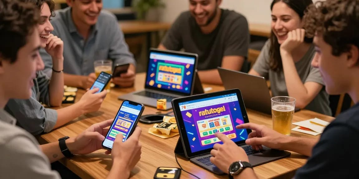 Pengguna bermain togel online di ratutogel dengan suasana ceria dan alat gaming.