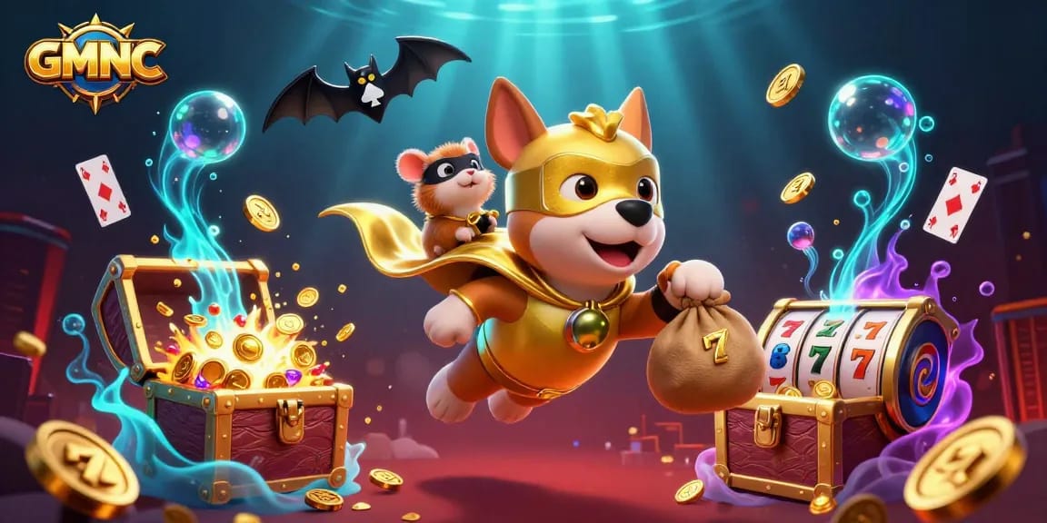GMNC superhero dog flying with gold coins amidst vibrant casino gameplay elements.