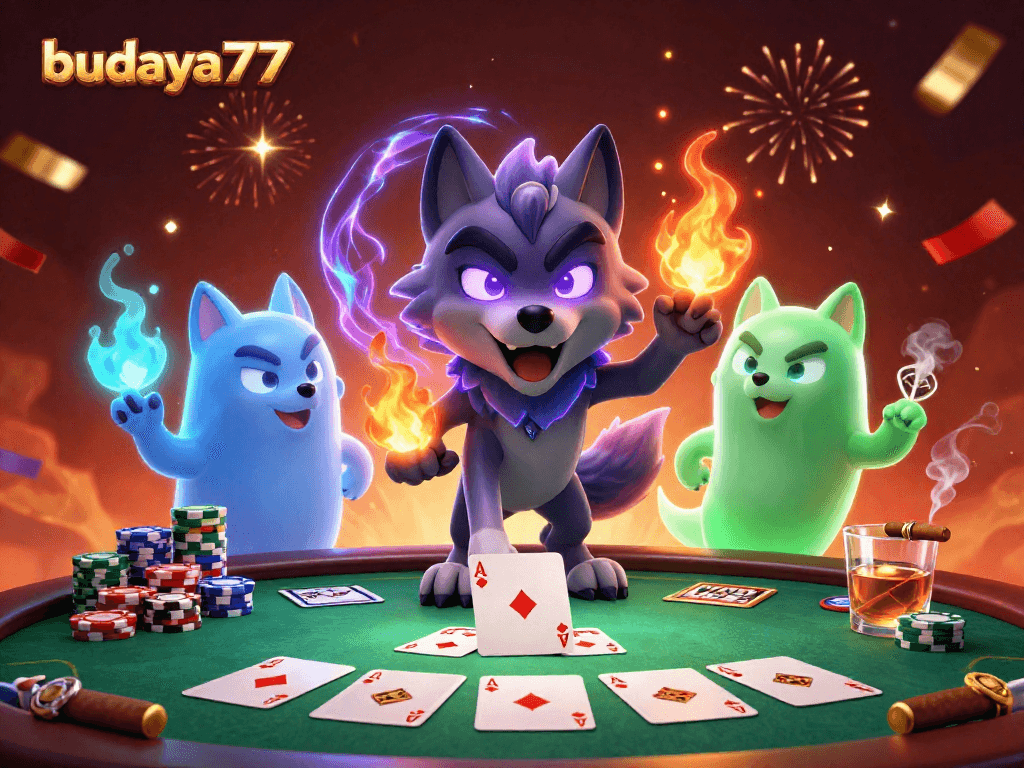 Budaya777, tampilkan kepemimpinan karakter wolf ghost dalam suasana penuh energi permainan poker.
