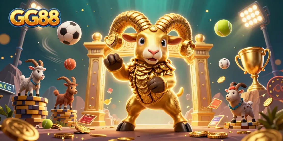 Experience thrilling gameplay at GG88, featuring a golden ram and dynamic sports elements.