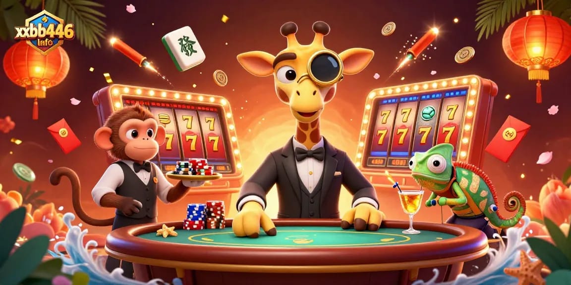 Experience the excitement of xxbb446 info with an animated casino scene featuring a high-roller giraffe and fun game elements.