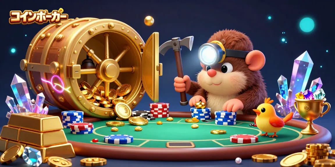 コインポーカーで楽しむポーカーゲームシーン、宝石と銀貨が豊富に散乱しています