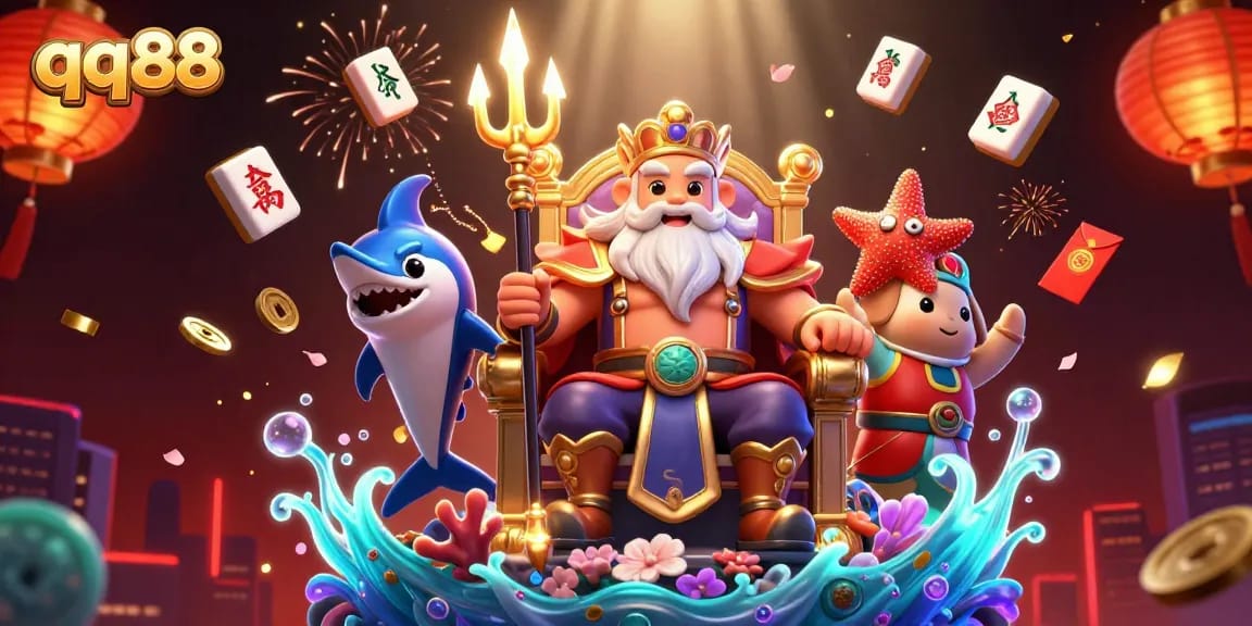 Engage with qq88's thrilling gaming experience in this vibrant 3D casino scene featuring Neptune and lucky symbols.