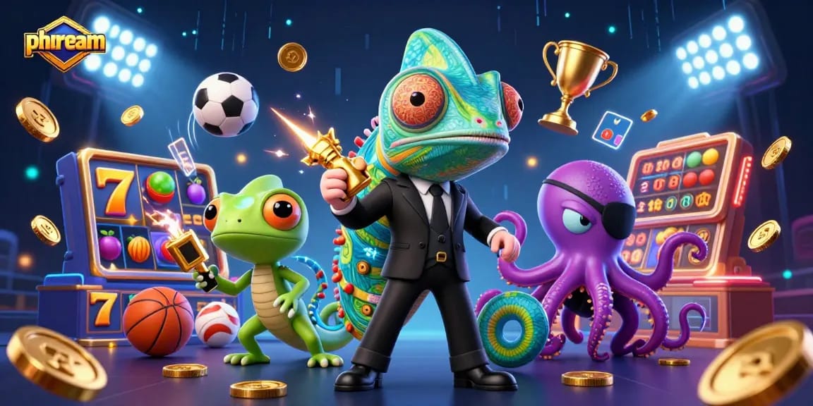 Engage with phdream's thrilling 3D illustration featuring a chameleon agent and gaming elements.