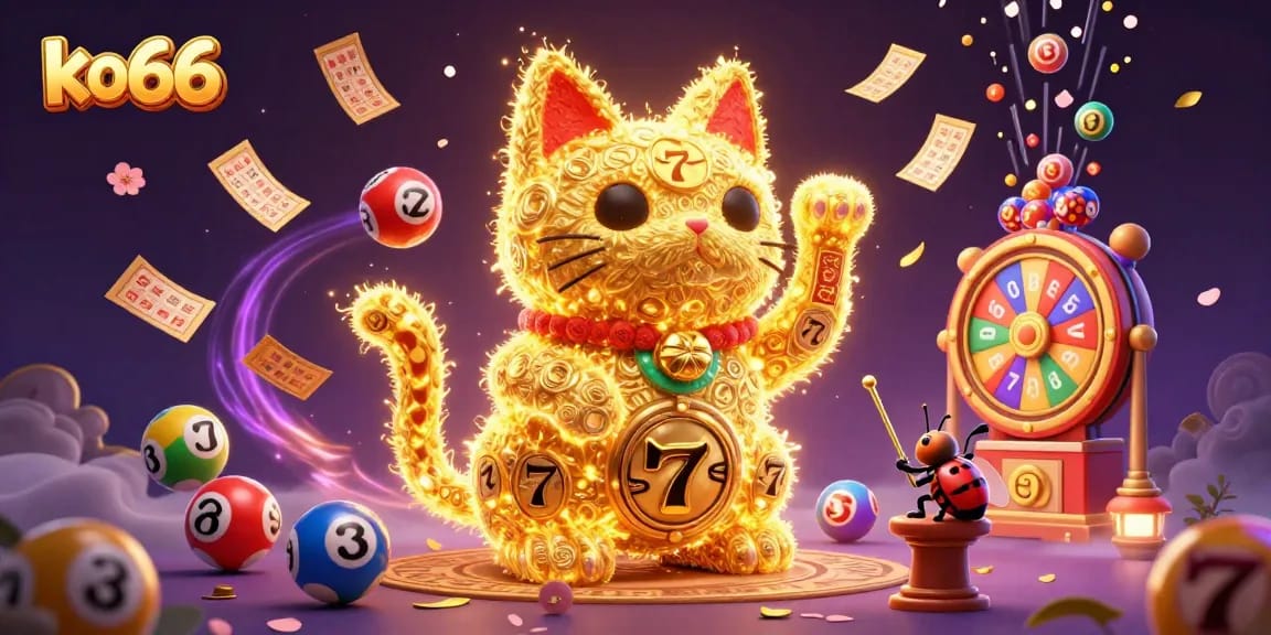 Experience the magic of ko66 with vibrant 3D casino symbols and shining lucky cat!