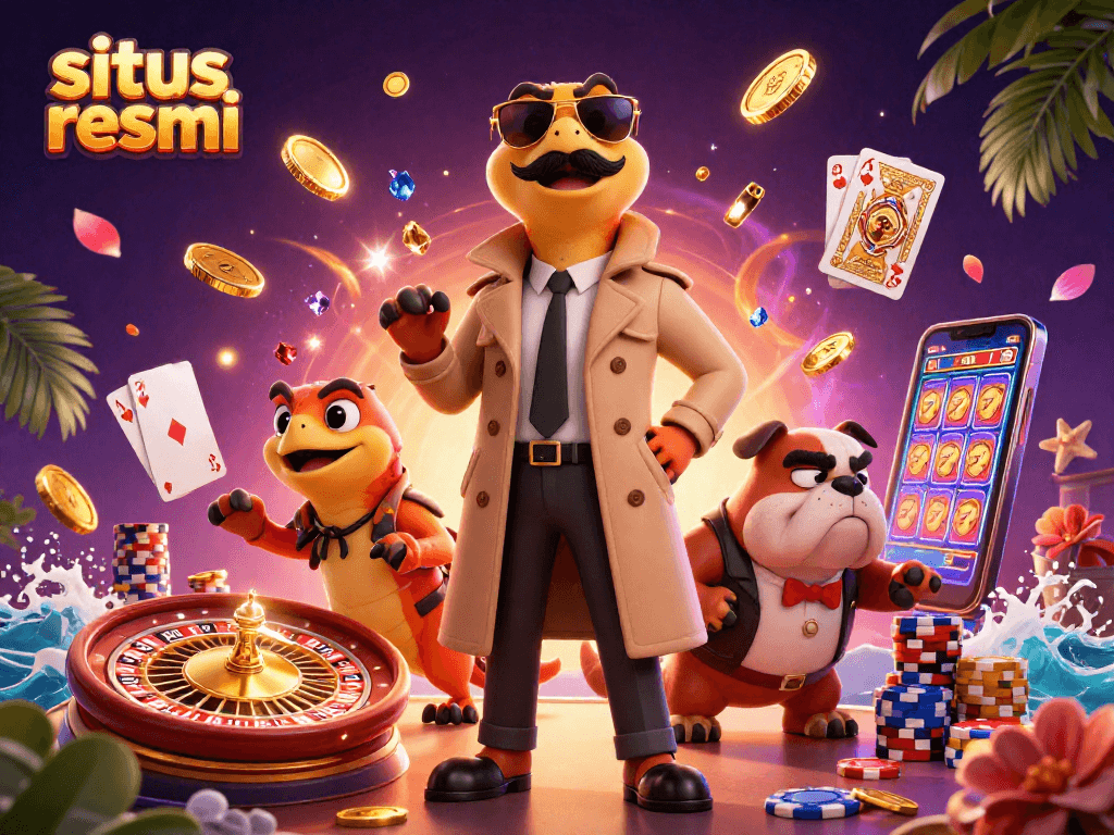 Experience situs resmi with three playful raptors in a trench coat entering a VIP casino lounge, rich in excitement.