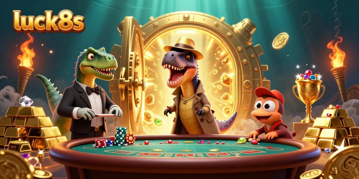 Experience thrilling gameplay at luck8s as cartoon velociraptors steal chips in a vibrant casino.