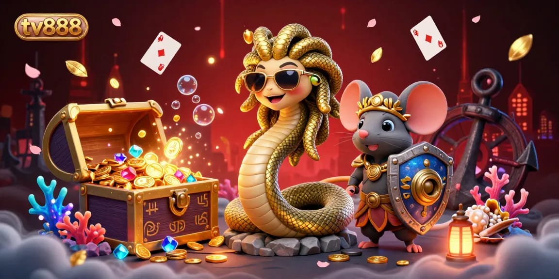 Experience exciting gameplay at tv888 with Medusa and a warrior mouse amidst treasure and glowing elements.